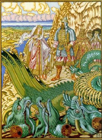 Ivan Bilibin Dobrynya Nikitich rescues Zabava from the dragon Gorynych